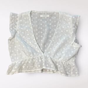 Idem Ditto Sheer White Floral Deep V-Neck Blouse Size M Lace Coquette Romantic‎